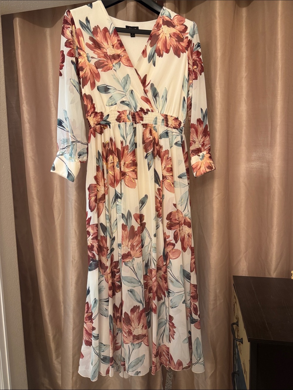 Floral Wrap Midi Dress in White with Rust and Sage